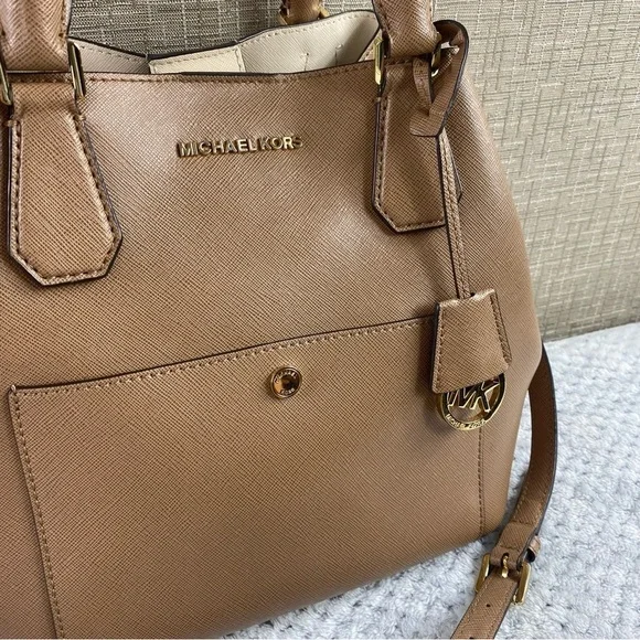 Michael Kors Greenwich Large Saffiano Leather Grab Bag Satchel Crossbody Tan - Picture 3 of 15